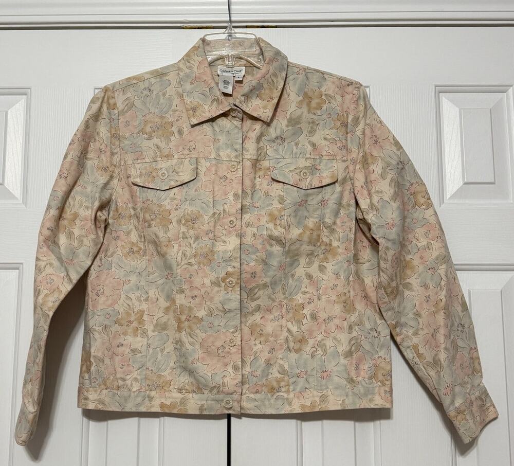 Vintage Coldwater Creek Trucker-Style Floral Print Linen-Blend Jacket, Size L